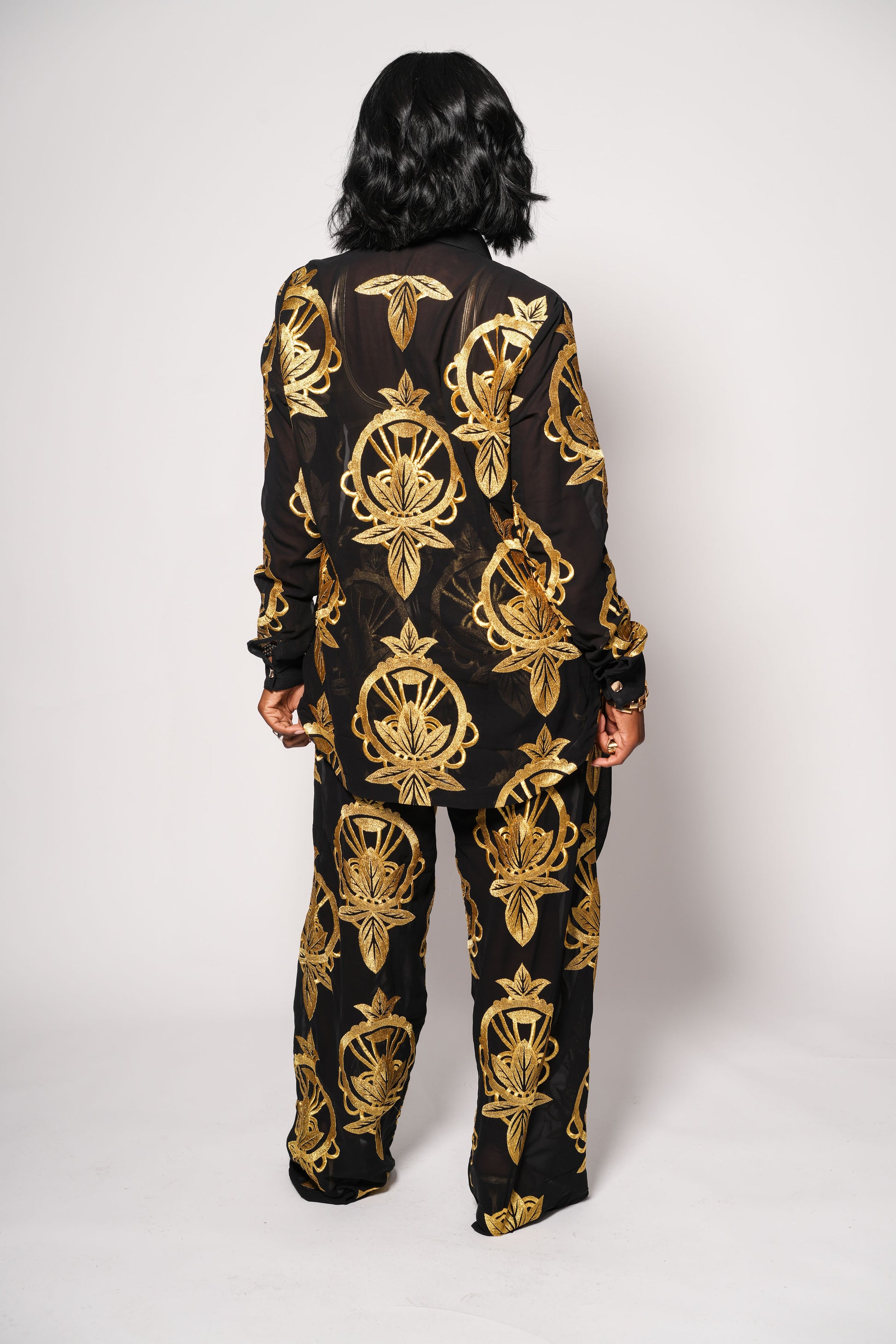 Black embroidered blouse with custom gold print inspired by Florence, Italy. Lightweight viscose. Pre-order now for August delivery.