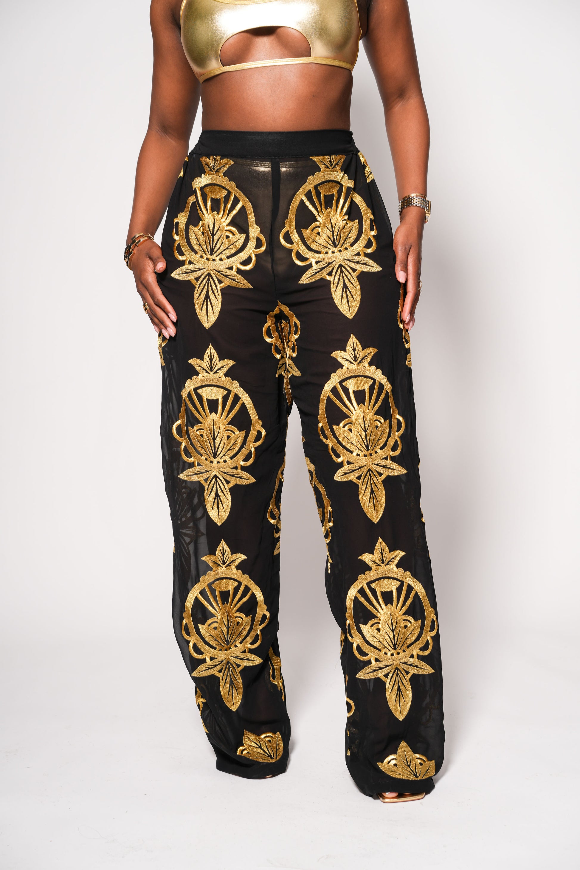 Black sheer wide-leg pants with gold embroidery. Designed to match the Florence Blouse. Pre-order now for August shipping.