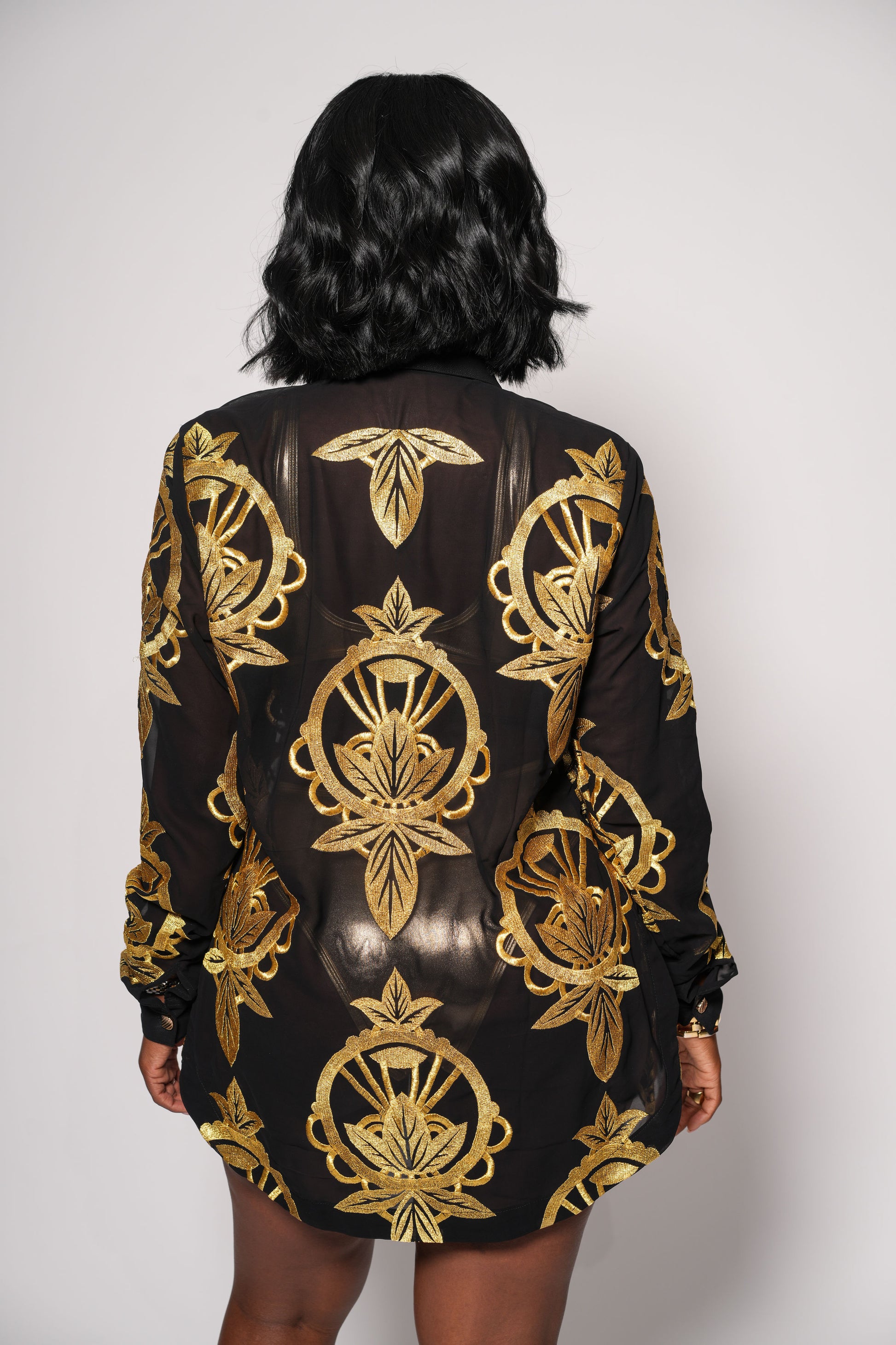 Black embroidered blouse with custom gold print inspired by Florence, Italy. Lightweight viscose. Pre-order now for August delivery.