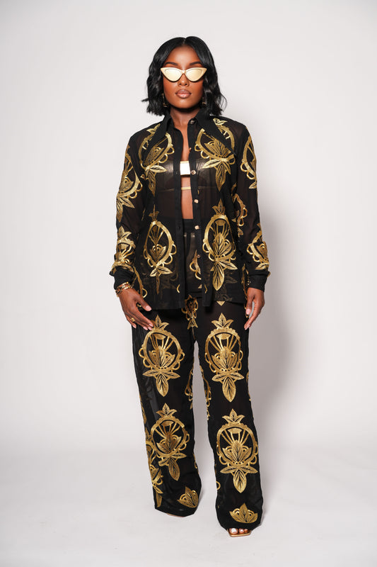 Black embroidered blouse with custom gold print inspired by Florence, Italy. Lightweight viscose. Pre-order now for August delivery.