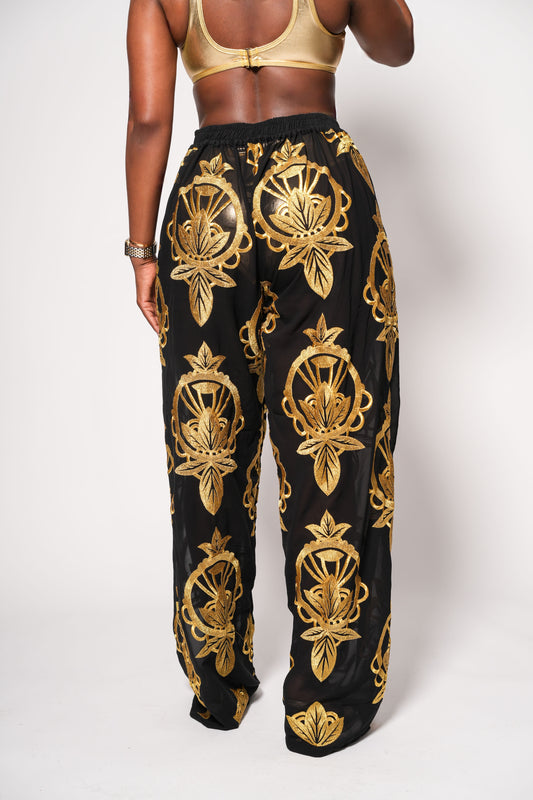 Black sheer wide-leg pants with gold embroidery. Designed to match the Florence Blouse. Pre-order now for August shipping.