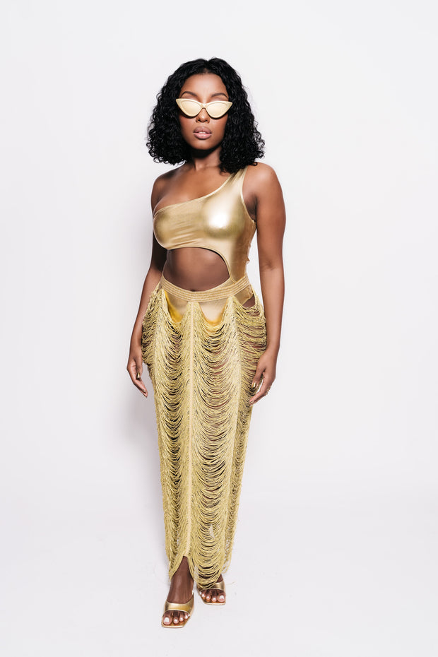 Gold skirt with shop fringe