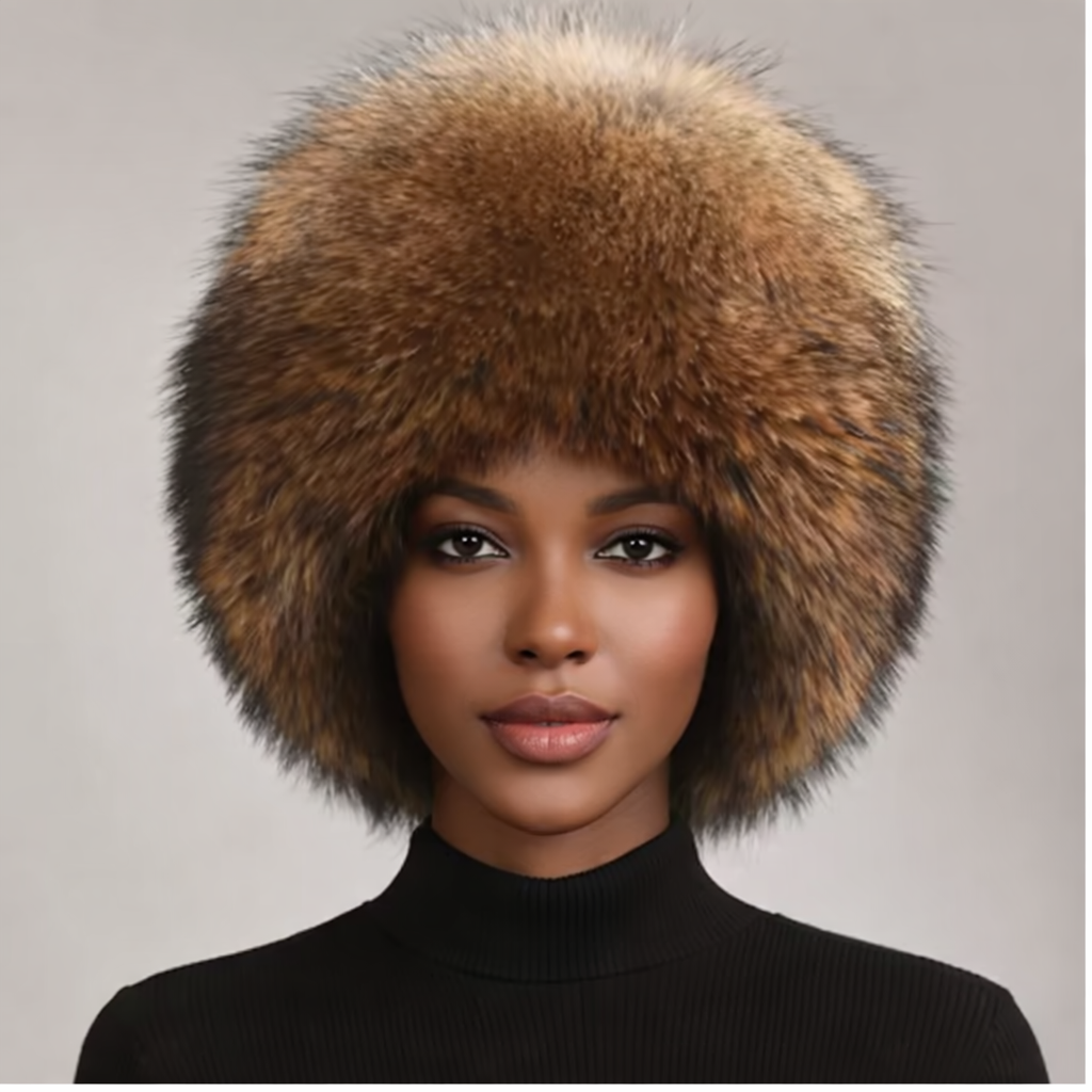 Woman wearing a fur hat against a plain background