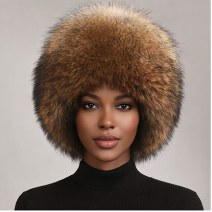 Woman wearing a fur hat against a plain background