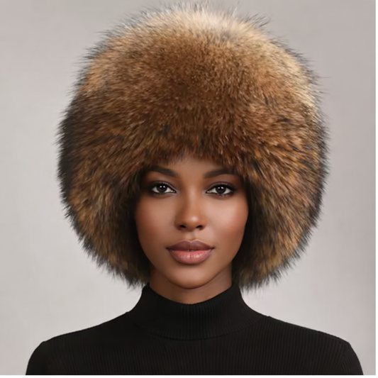 Woman wearing a fur hat against a plain background